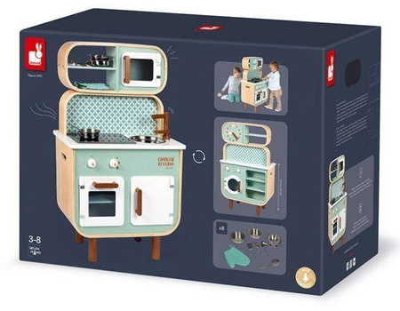 Janod Dwustronna Drewniana Kuchnia z Pralką 2w1 z Dźwiękiem, Światłem Led i 8 Akcesoriami