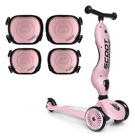 Scootandride Highwaykick 1 Jeździk i Hulajnoga 2w1 1-5 lat + Zestaw Ochraniaczy dla Dzieci XXS Rose
