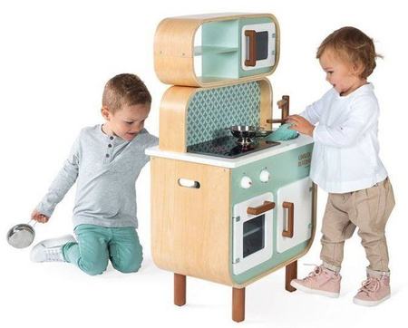 Janod Dwustronna Drewniana Kuchnia z Pralką 2w1 z Dźwiękiem, Światłem Led i 8 Akcesoriami