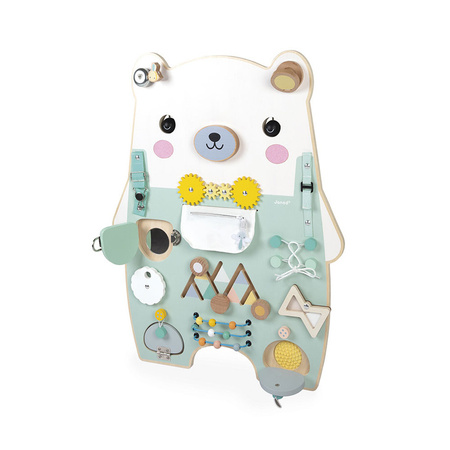 Janod Duża drewniana tablica manipulacyjna 20 aktywności Miś Pure 18m+