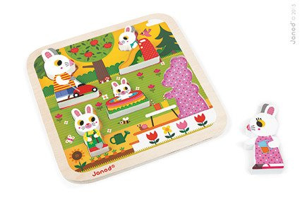 Janod Układanka drewniana 3D Rodzina króliczków w ogrodzie