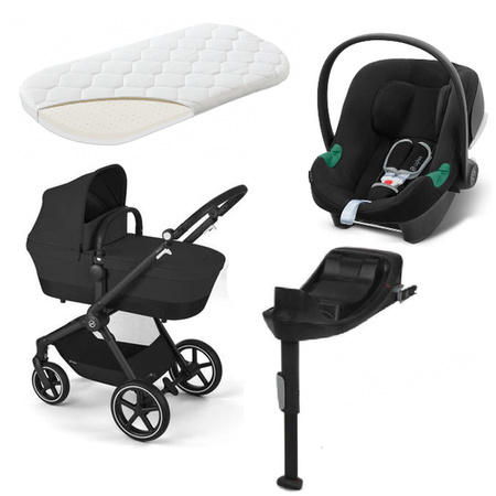 Cybex Eos Basic 3w1 Wózek Głęboko-Spacerowy Rama Czarna + Adaptery + Fotelik Aton B2 I-Size Moon Black + Baza One + Materac do Gondoli