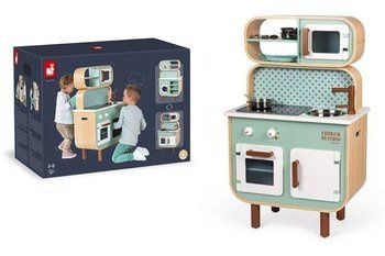 Janod Dwustronna Drewniana Kuchnia z Pralką 2w1 z Dźwiękiem, Światłem Led i 8 Akcesoriami