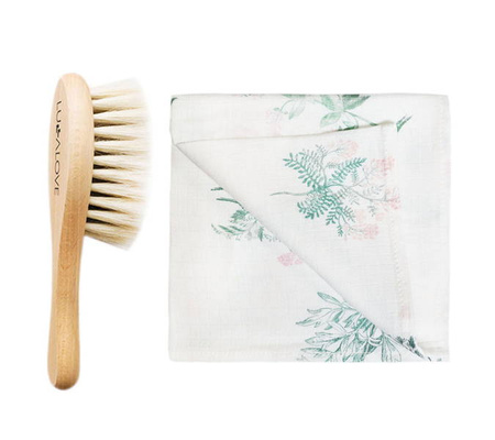 Lullalove Szczotka Włosie Kozie + Myjka Pieluszka Muślinowa Zielnik Róż