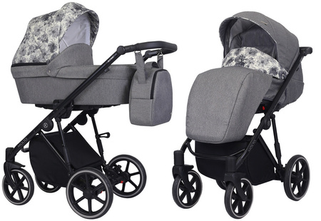 Kunert Molto Wózek Głęboko-Spacerowy 2w1 Grafit Jeans + Kwiaty Czarna Rama Koła Żelowe