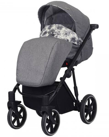 Kunert Molto Wózek Głęboko-Spacerowy 2w1 Grafit Jeans + Kwiaty Czarna Rama Koła Żelowe