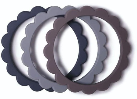 Mushie 3 Gryzaki Silikonowe Bransoletki FLOWER Dove Gray & Steel & Stone
