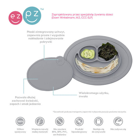 EZPZ Silikonowy talerzyk z podkładką mały 2w1 Mini Mat pastelowa szarość + pokrywka GRATIS szara