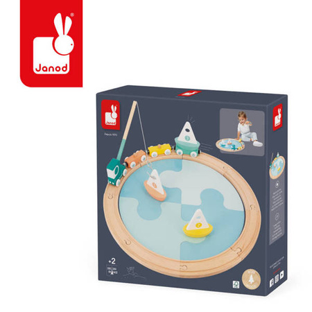 Janod Pociąg Drewniany z Torami, Łódkami i Makieta Jeziora Bolid