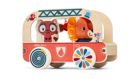 Lilliputiens Drewniany wózek do ciągnięcia Wóz strażacki Lew Jack 12 m+