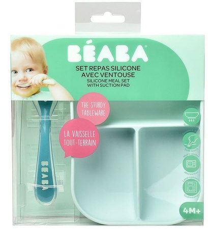 Beaba Komplet Naczyń z Silikonu Trójdzielny Talerz z Przyssawką + Łyżeczka Niebieski