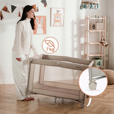 Lionelo Amelie Łóżeczko dziecięce turystyczne składane materac 2 koła torba Beige Sand