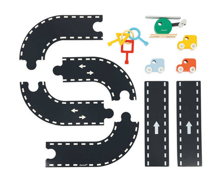 Janod Drewniany garaż piętrowy z 4 akcesoriami Bolid 2+