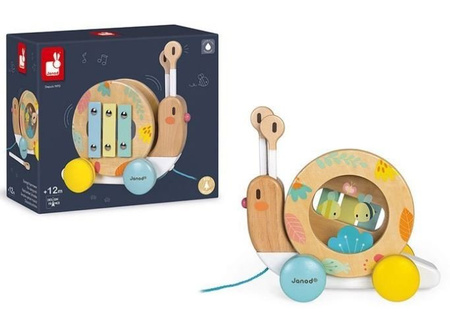 Janod Drewniany Ślimak Do Ciągnięcia z Cymbałkami i Bębenkiem Pure