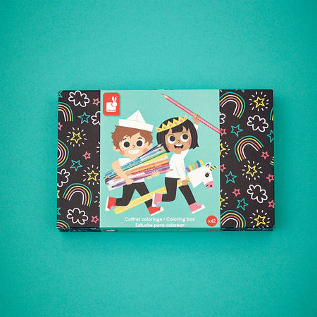 Janod Zestaw przyborów do kolorowania kredki flamastry Coloring box 42 el. 3+