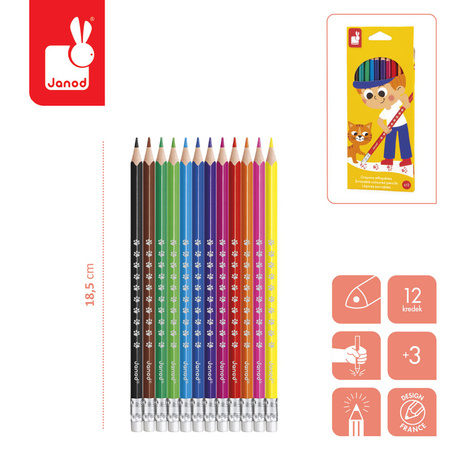 Janod Kredki ołówkowe zmazywalne z gumką 12 kolorów 3+