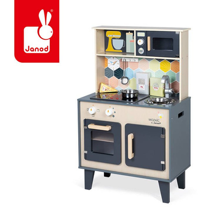 Janod Duża drewniana kuchnia z dźwiękiem, światłem LED i 6 akcesoriami Mozaika 3-8 lat