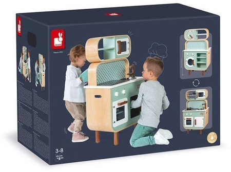 Janod Dwustronna Drewniana Kuchnia z Pralką 2w1 z Dźwiękiem, Światłem Led i 8 Akcesoriami