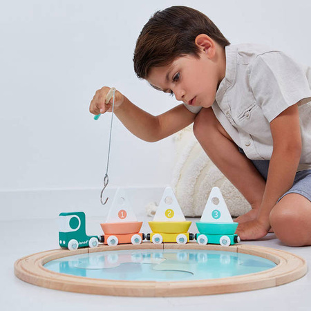 Janod Pociąg Drewniany z Torami, Łódkami i Makieta Jeziora Bolid