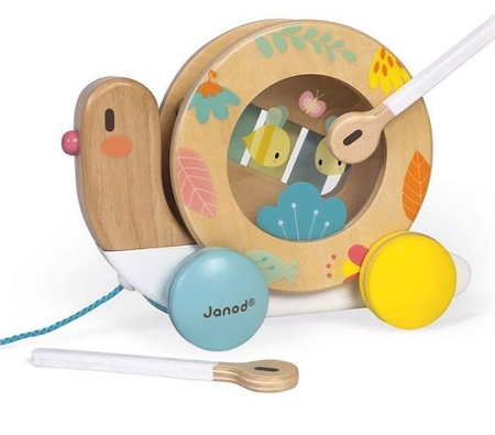 Janod Drewniany Ślimak Do Ciągnięcia z Cymbałkami i Bębenkiem Pure