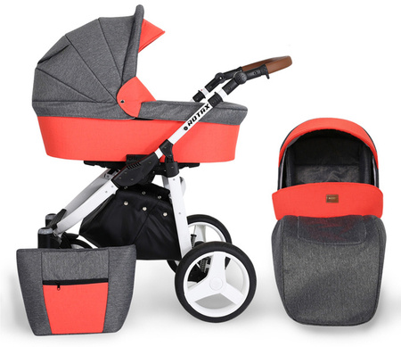 Kunert Rotax Wózek Głęboko-Spacerowy Szary Len + Pomarańcz Biała Rama Koła Żelowe