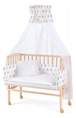 Waldin Łóżeczko Dostawne 2w1 z Wyposażeniem S17 Natural / Gwiazdki Różowe