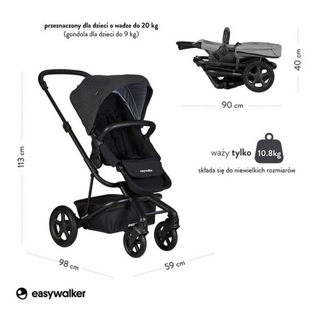 Easywalker Harvey 2 Wózek Głęboko-Spacerowy Night Black (zawiera stelaż, siedzisko z budką i pałąkiem)