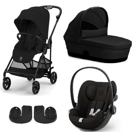 Cybex Melio Carbon Wózek Głęboko-Spacerowy Magic Black + Cybex Cloud G I - Size Fotelik Samochodowy Magic Black 0-13kg + Adaptery