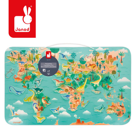 Janod Układanka drewniana magnetyczna Mapa świata z 50 magnesami Dinozaury 7+