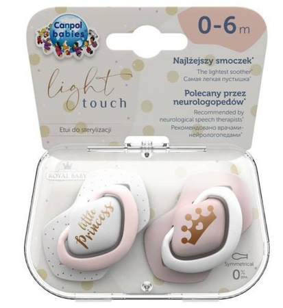 Canpol babies - Zestaw Smoczków Uspokajających Silikonowych Symetrycznych Light Touch Royal Baby 0-6m (2szt.) 22/650_pin Pink