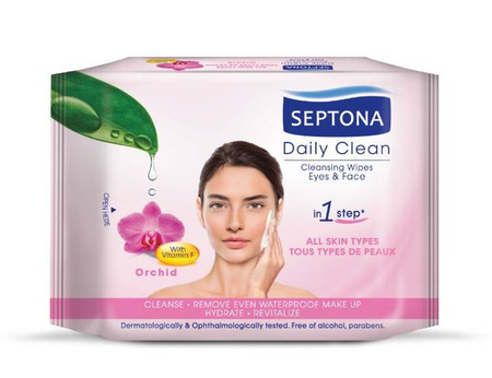 Septona Daily Clean Chusteczki Nawilżane Do Demakijażu Twarzy i Oczu z Ekstraktem z Orchidei 20 szt.