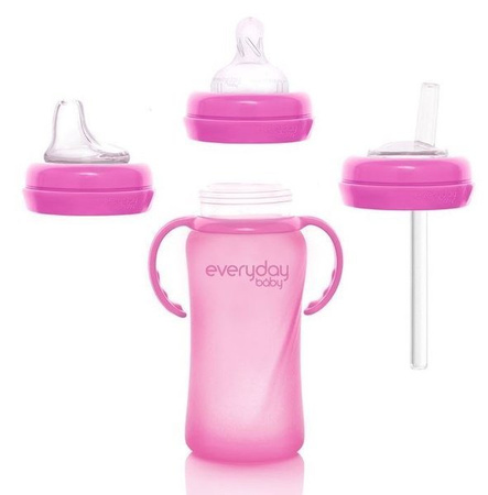 Everyday Baby, Szklana butelka ze smoczkiem M reagująca na temperaturę, 240 ml Wiśniowy