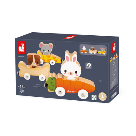 Janod Magnetyczne drewaniane pojazdy z domowymi zwierzątkami Farma 18 m+