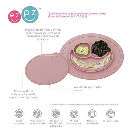 EZPZ Silikonowy talerzyk z podkładką mały 2w1 Mini Mat Mauve + pokrywka GRATIS pastelowy róż