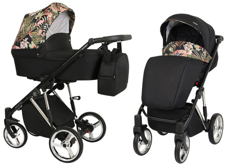Kunert Molto Premium Wózek Głęboko-Spacerowy 2w1 Czarny + Kwiaty Srebrna Rama Koła Żelowe