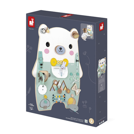 Janod Duża drewniana tablica manipulacyjna 20 aktywności Miś Pure 18m+