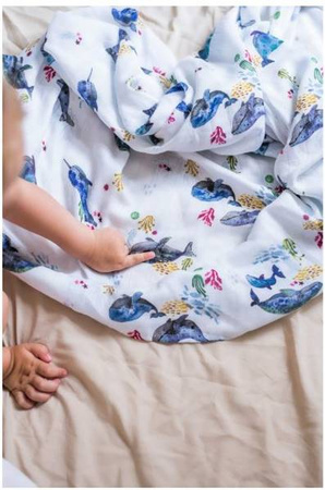 Poofi Pieluszka Bambusowa Ocean 73x73cm Wieloryby