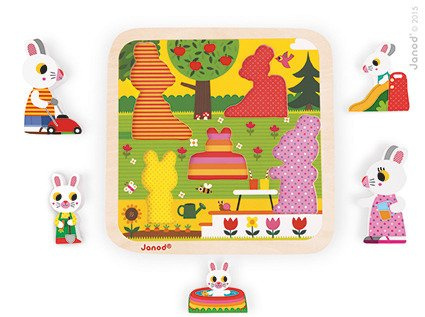 Janod Układanka drewniana 3D Rodzina króliczków w ogrodzie