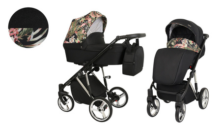 Kunert Molto Premium Wózek Głęboko-Spacerowy 2w1 Czarny + Kwiaty Srebrna Rama Koła Żelowe
