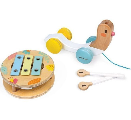 Janod Drewniany Ślimak Do Ciągnięcia z Cymbałkami i Bębenkiem Pure