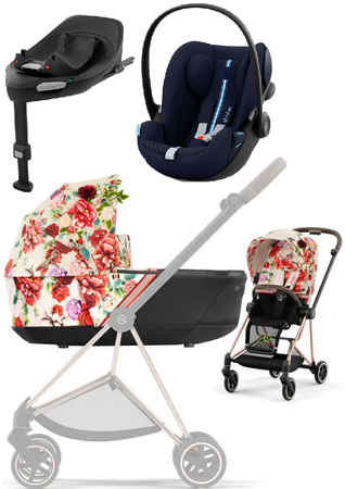 Cybex Mios 3.0 Wózek Głęboko-Spacerowy Spring Blossom Light + Cybex Cloud G I-Size Fotelik Samochodowy Ocean Blue Plus + Baza