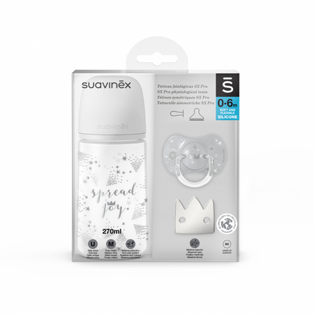 Suavinex Zestaw butelka 270ml + smoczek 0-6m + klips szara