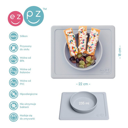 EZPZ Silikonowa miseczka z podkładką 2w1 Mini Bowl + GRATIS silikonowy kubeczek Mini Cup 120ml z 2 słomkami pastelowa szarość