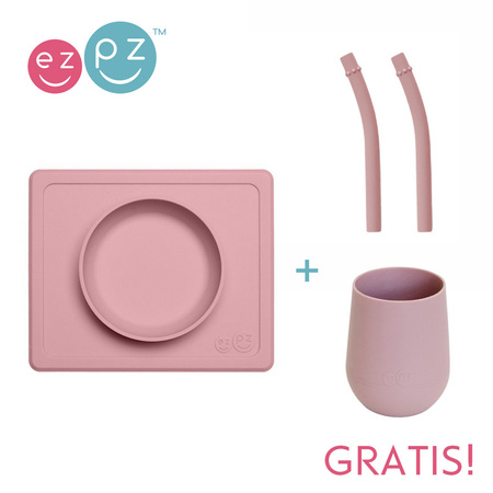 EZPZ Silikonowa miseczka z podkładką 2w1 Mini Bowl + GRATIS silikonowy kubeczek Mini Cup 120ml z 2 słomkami pastelowy róż