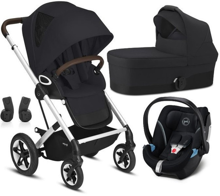 Cybex Talos S Lux Wózek Głęboko-Spacerowy + Cybex Aton 5 Fotelik Samochodowy 0-13kg + Adaptery Srebrna Rama Deep Black