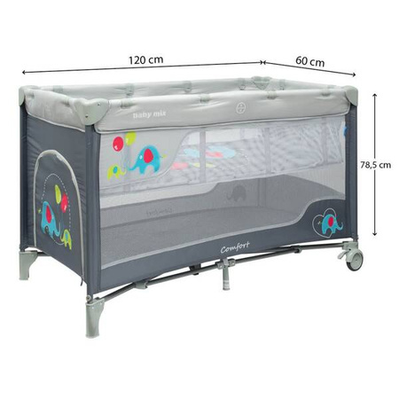 Baby Mix Łóżeczko Turystyczne Dwupoziomowe Słonie Szare