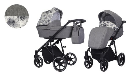 Kunert Molto Wózek Głęboko-Spacerowy 2w1 Grafit Jeans + Kwiaty Czarna Rama Koła Żelowe