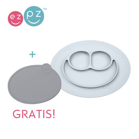 EZPZ Silikonowy talerzyk z podkładką mały 2w1 Mini Mat pastelowa szarość + pokrywka GRATIS szara
