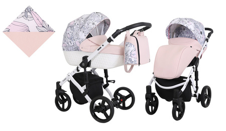 Kunert Tiaro Wózek Głęboko-Spacerowy 2w1 Róż + Kwiaty Biała Rama Koła Żelowe