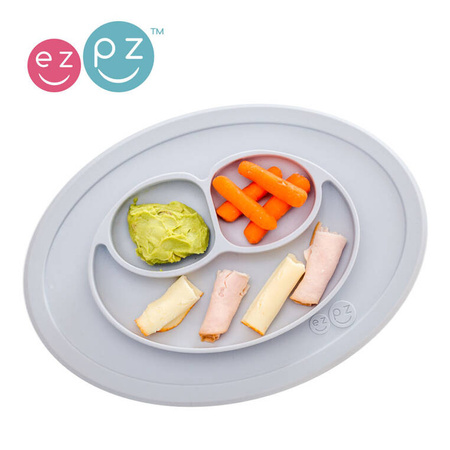 EZPZ Silikonowy talerzyk z podkładką mały 2w1 Mini Mat pastelowa szarość + pokrywka GRATIS szara